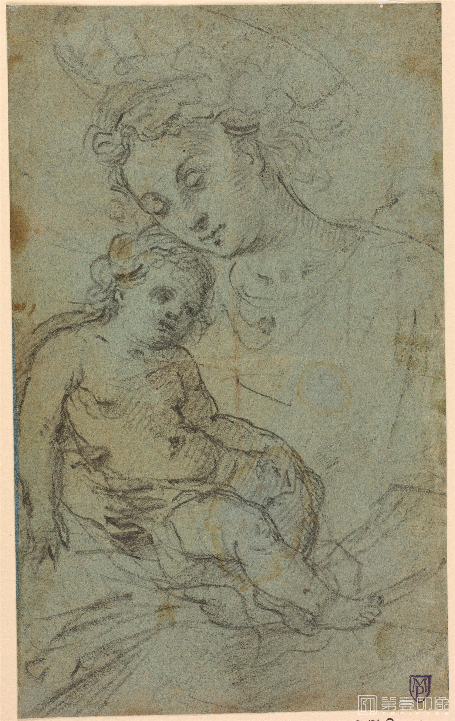 素描-西班牙普拉多美术馆素描藏画-Anonimo-La Virgen con el Nino8-0369
